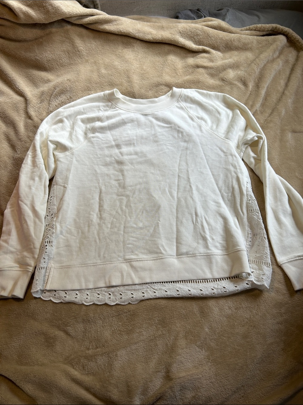 J. Crew White Eyelet-Hem Long Sleeve Pullover